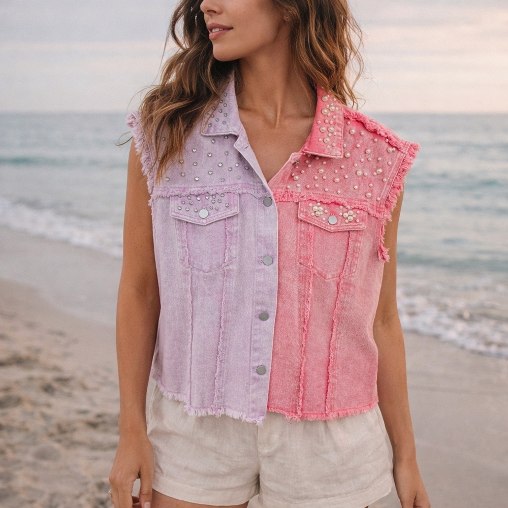 NWT BiBi Pearl & Rhinestone Decor Contrast Raw Hem Vest Coat Purple/Peach SZ L
